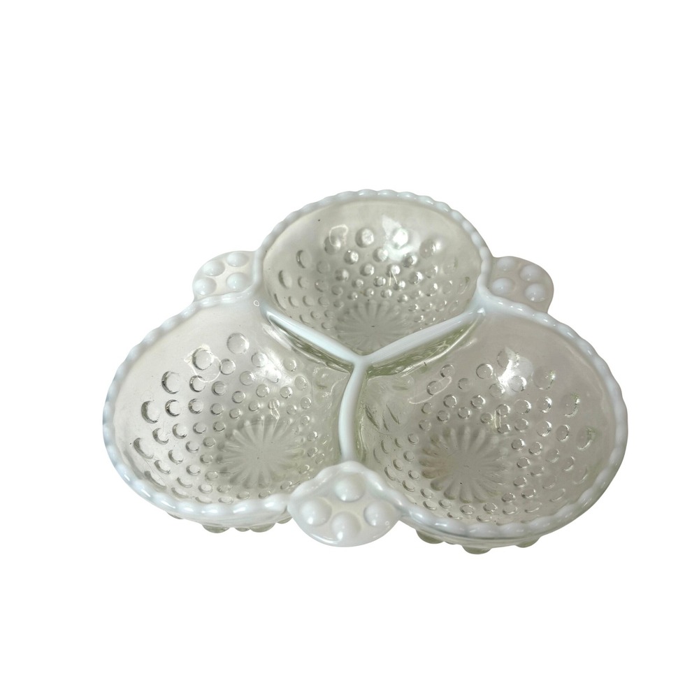 Anchor Hocking Moonstone Moonstone Hobnail Divided Dish Opalescent Cloverleaf